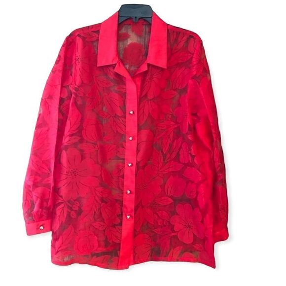 Sheer Button Down L* Floral Red Rhinestone Valentines Evening Relaxed Fit Shirt - Picture 1 of 7